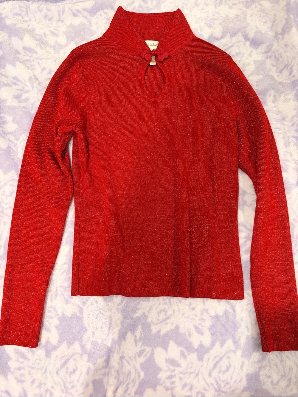 Dressbarn Red Sparkle Long-Sleeve Women's Sweater - Elegant Keyhole Neck